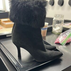 Stuart Weitzman Black Heeled Boots with Fur Trim